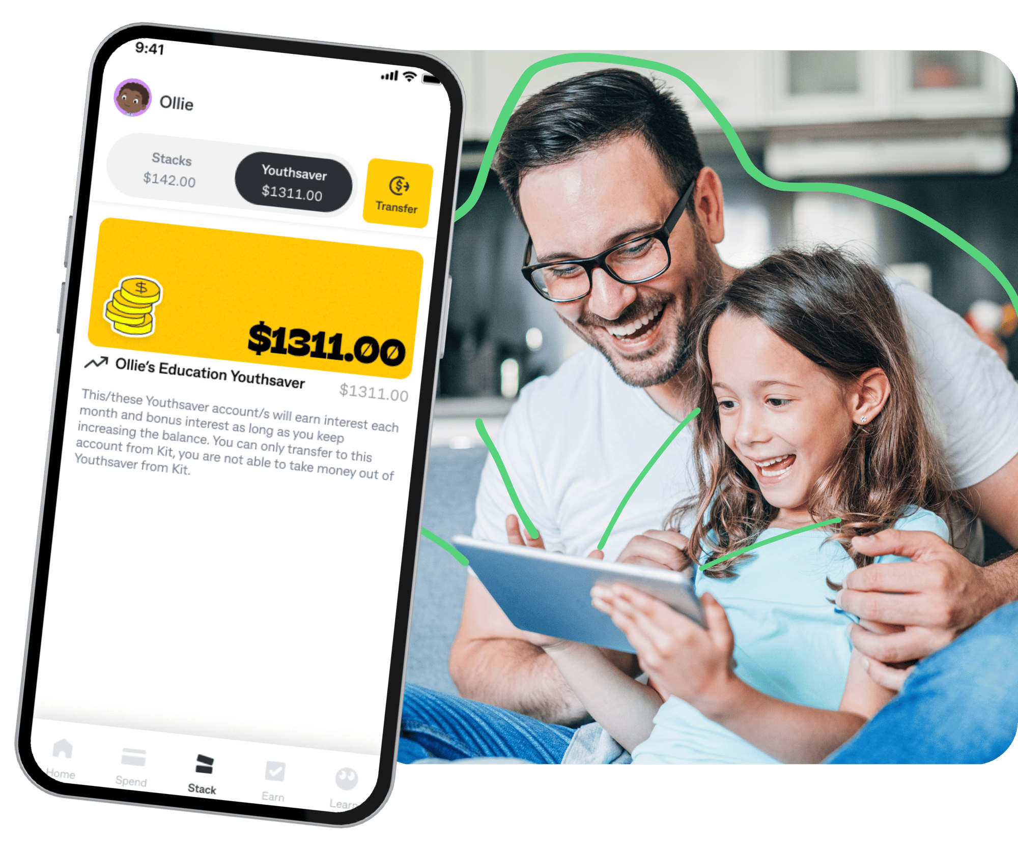 Father and daughter smile while viewing the Kit app on a tablet, showing the child’s Youthsaver account with a $1,311 balance earning interest.
