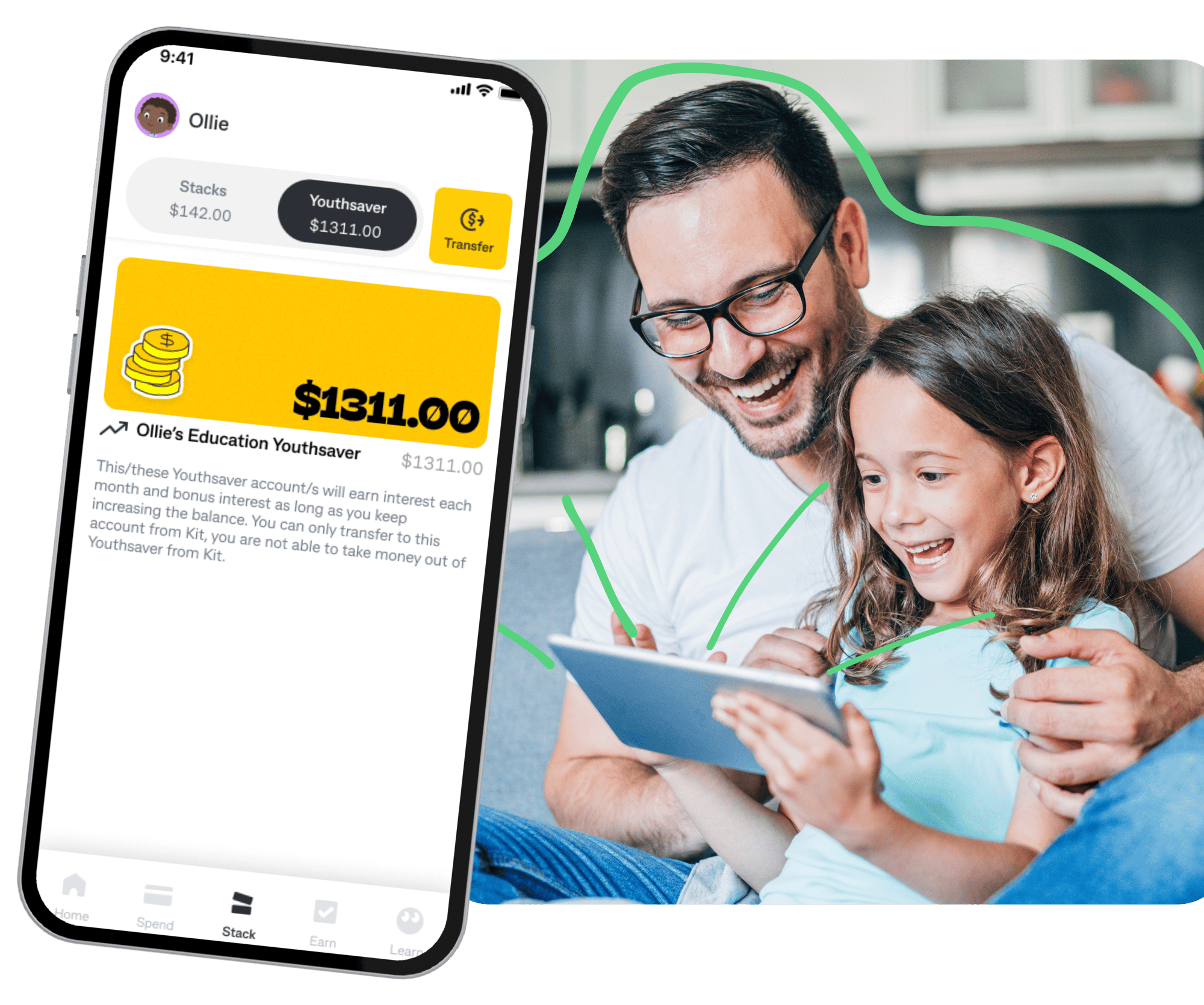 Father and daughter smile while viewing the Kit app on a tablet, showing the child’s Youthsaver account with a $1,311 balance earning interest.