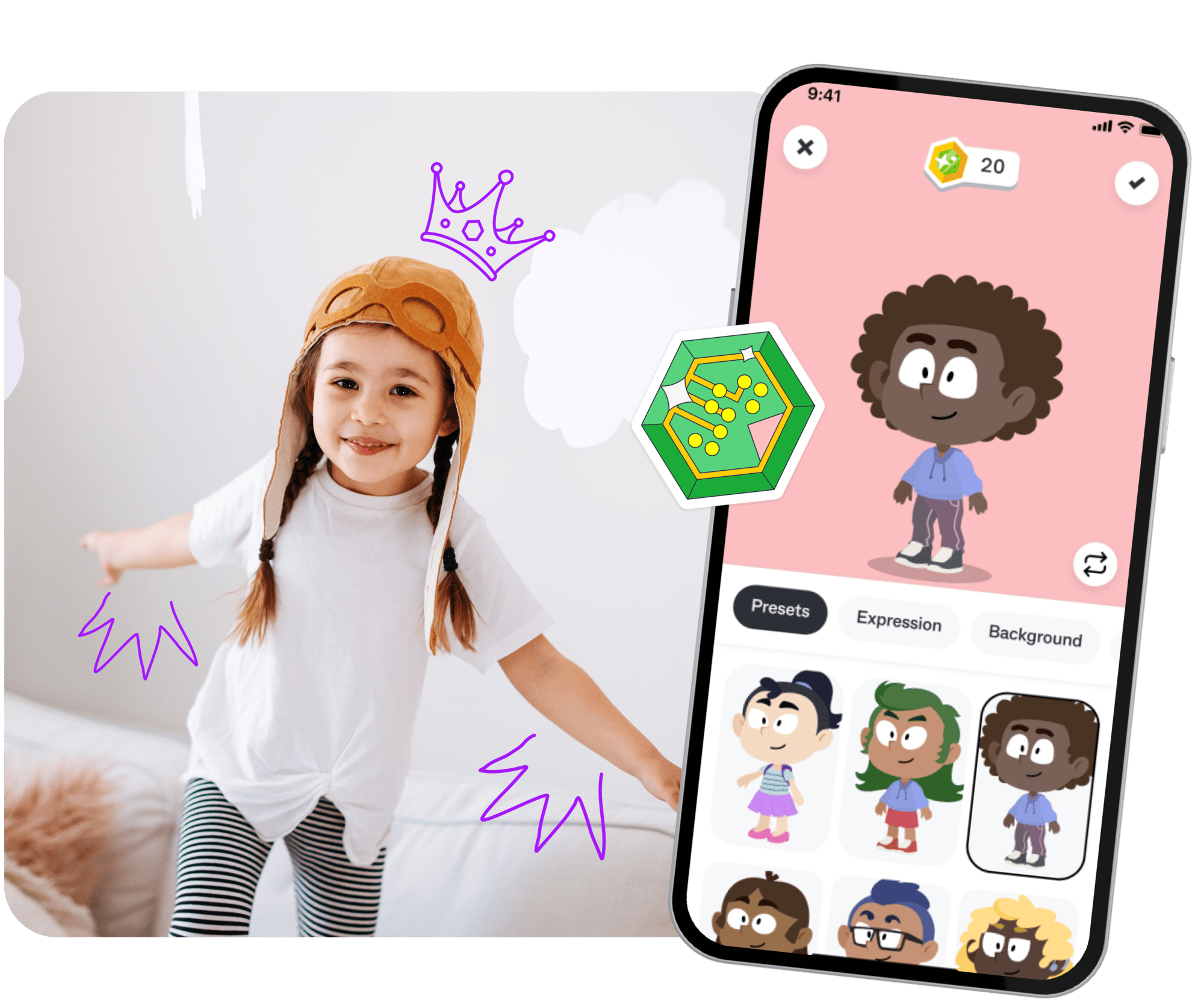 Smiling child with outstretched arms, showing their customised avatar in the Kit app, with 20 Winkits - Kit’s fun in-game currency for kids.