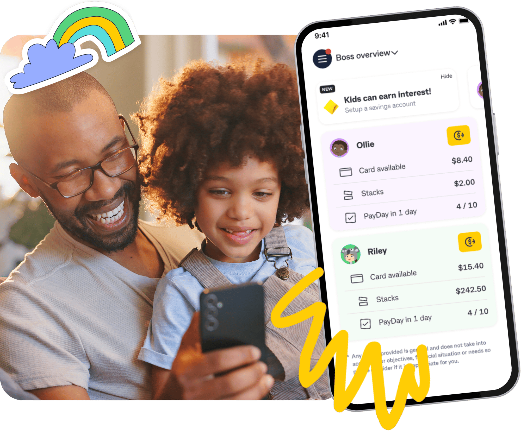Father and daughter smile while using the Kit money app on a smartphone to track allowance, spending, and financial habits for kids.