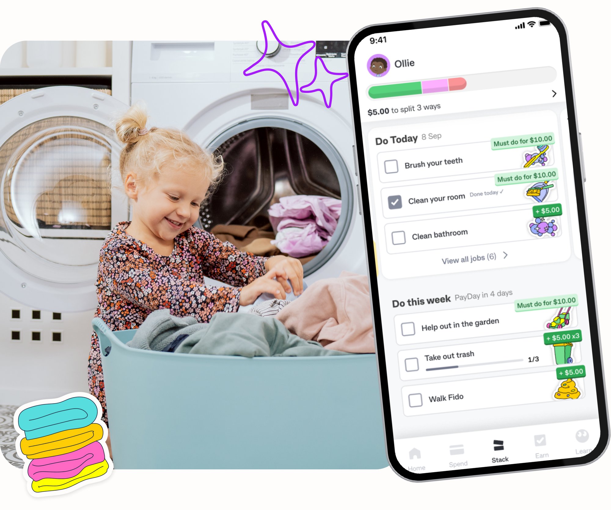 Smiling child sorts laundry with the Kit app, showing today’s and week’s chores and pocket money earnt for completed tasks.