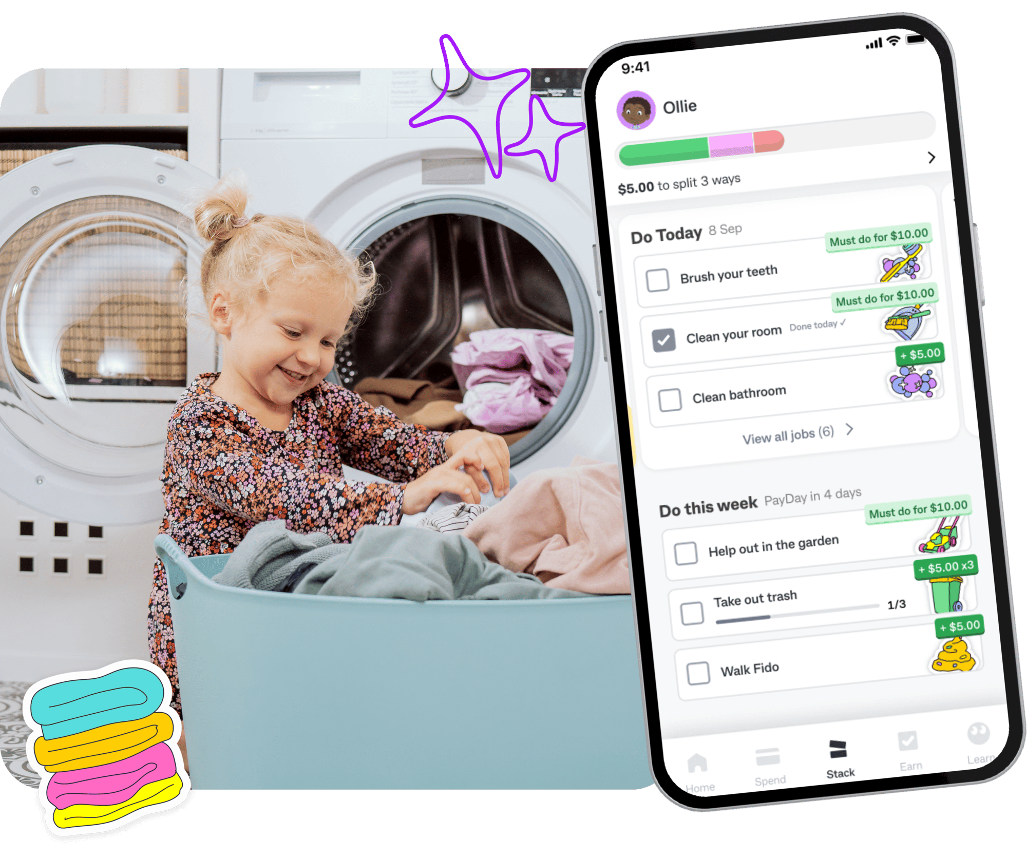 Smiling child sorts laundry with the Kit app, showing today’s and week’s chores and pocket money earnt for completed tasks.