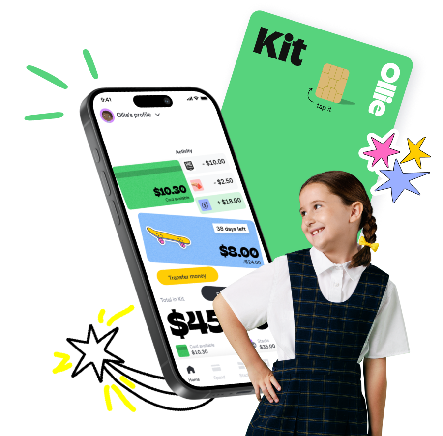 Smiling girl standing in front of a Kit prepaid card and smartphone app showing his spending, savings, and available balance.