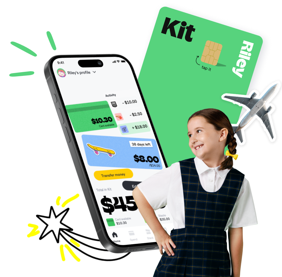 Smiling girl standing in front of a Kit prepaid card and smartphone app showing his spending, savings, and available balance.