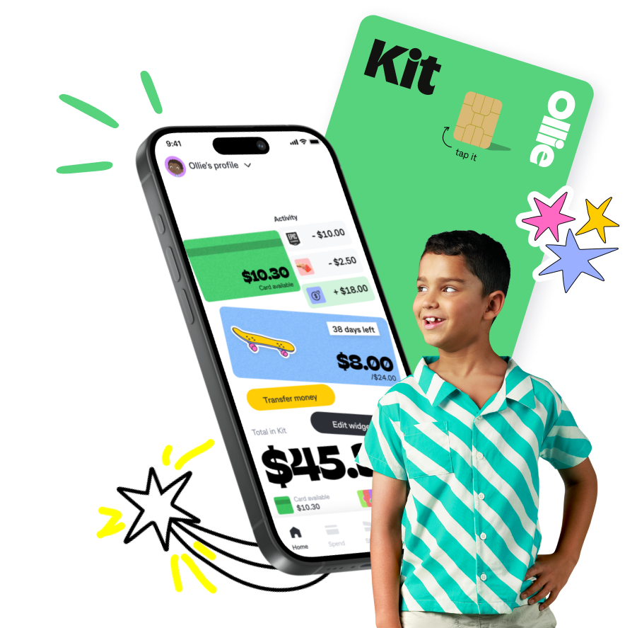 Smiling boy standing in front of a Kit prepaid card and smartphone app showing his spending, savings, and available balance. Smiling boy standing in front of a Kit prepaid card and smartphone app showing his spending, savings, and available balance.