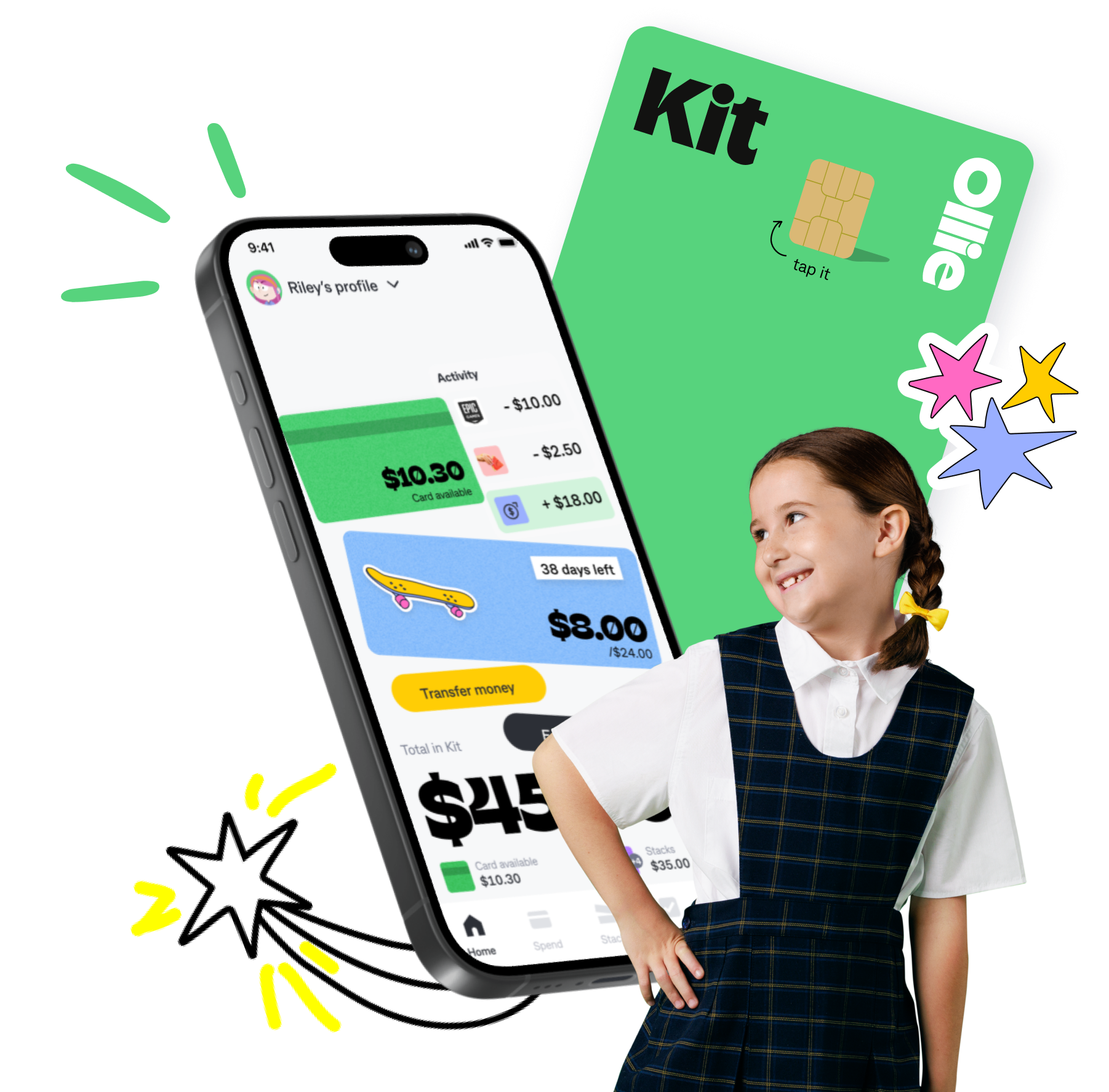 Smiling girl with Kit app and prepaid card. Smiling girl with Kit app and prepaid card.