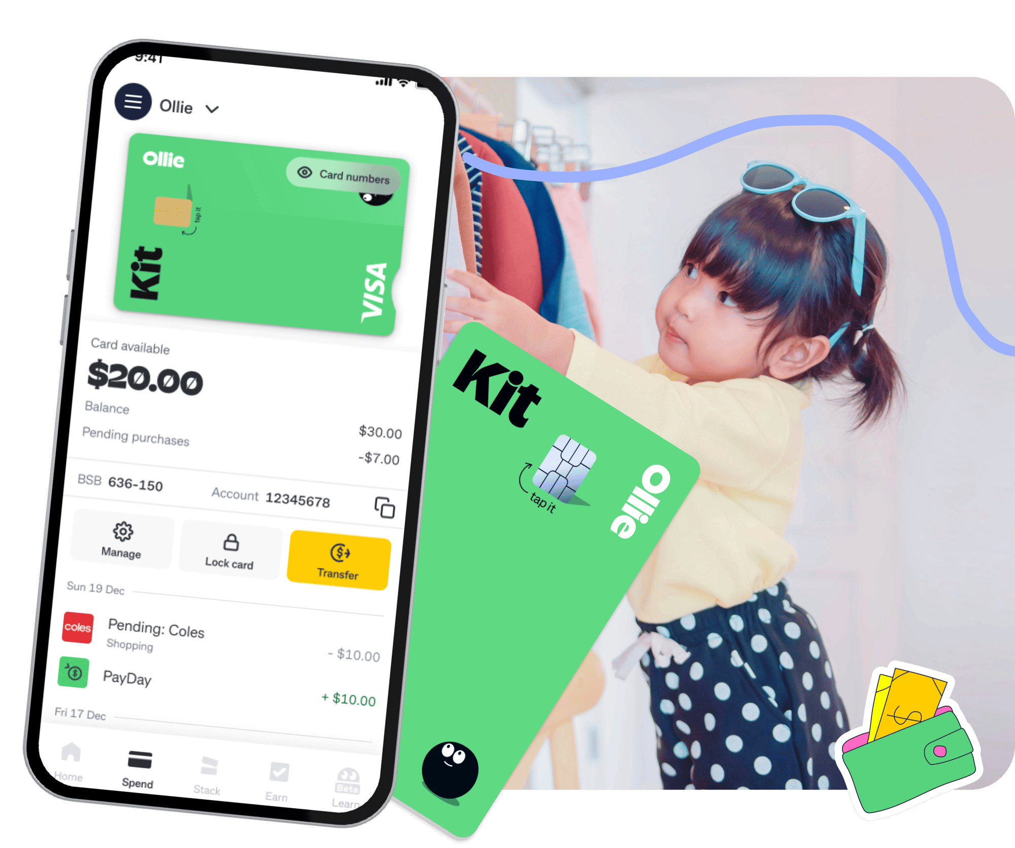 Child organises their closet with the Kit money app’s spend screen to manage purchases and track spending decisions.
