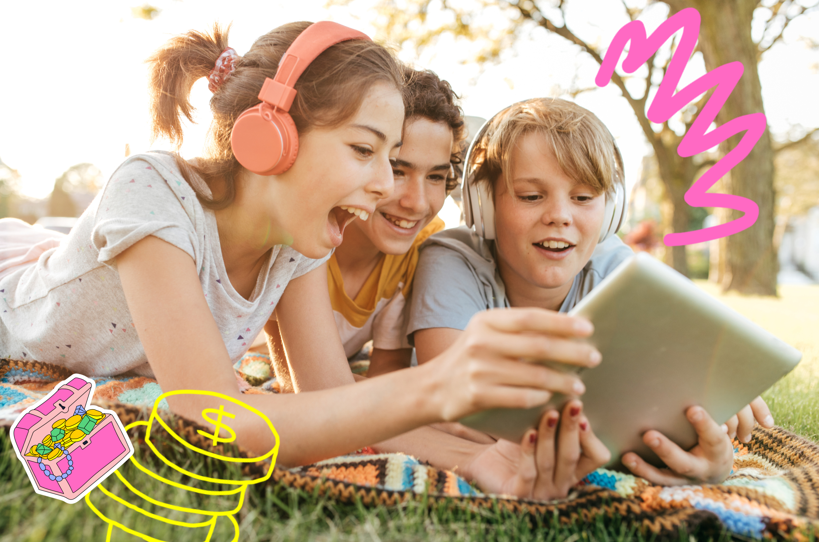 A group of kids wearing headphones, using their tablet