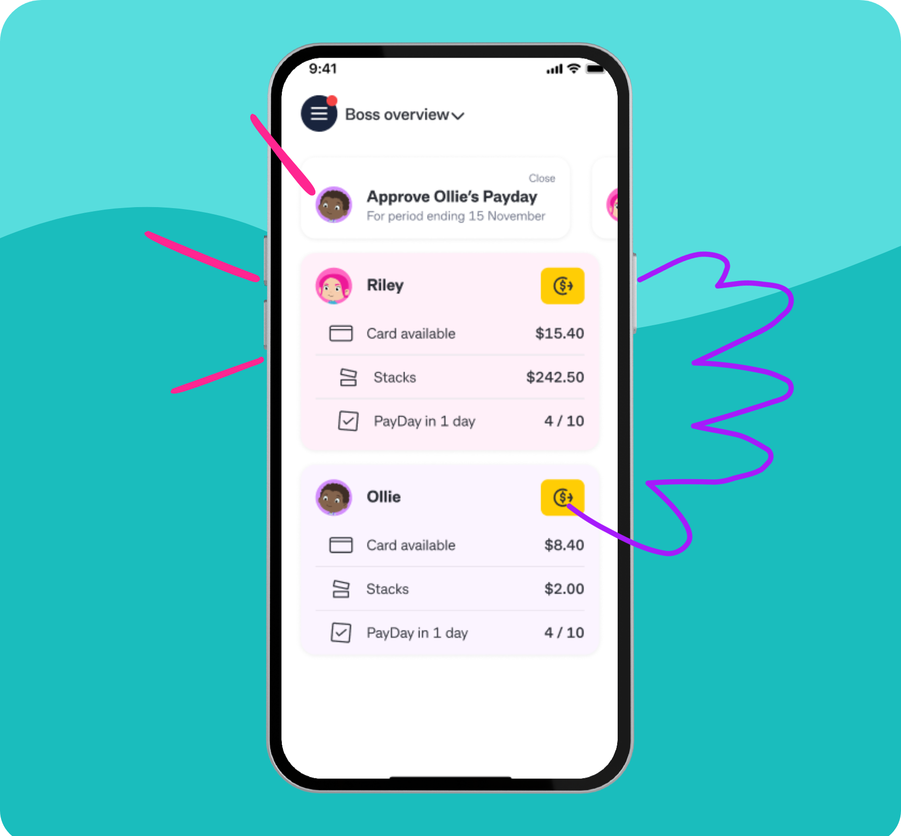 Kit app screen with 'Boss overview', savings prompt, and profiles for Ollie and Riley showing balances and progress. Kit app screen with 'Boss overview', savings prompt, and profiles for Ollie and Riley showing balances and progress.