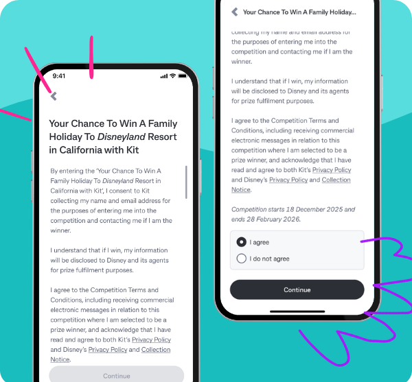 Kit app screen with the consent checkbox to enter the competition.