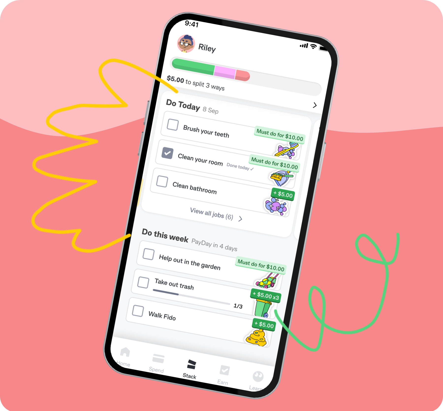 Kit app chore screen for Riley with tasks split by day/week, showing rewards and progress for each chore. Kit app chore screen for Riley with tasks split by day/week, showing rewards and progress for each chore.
