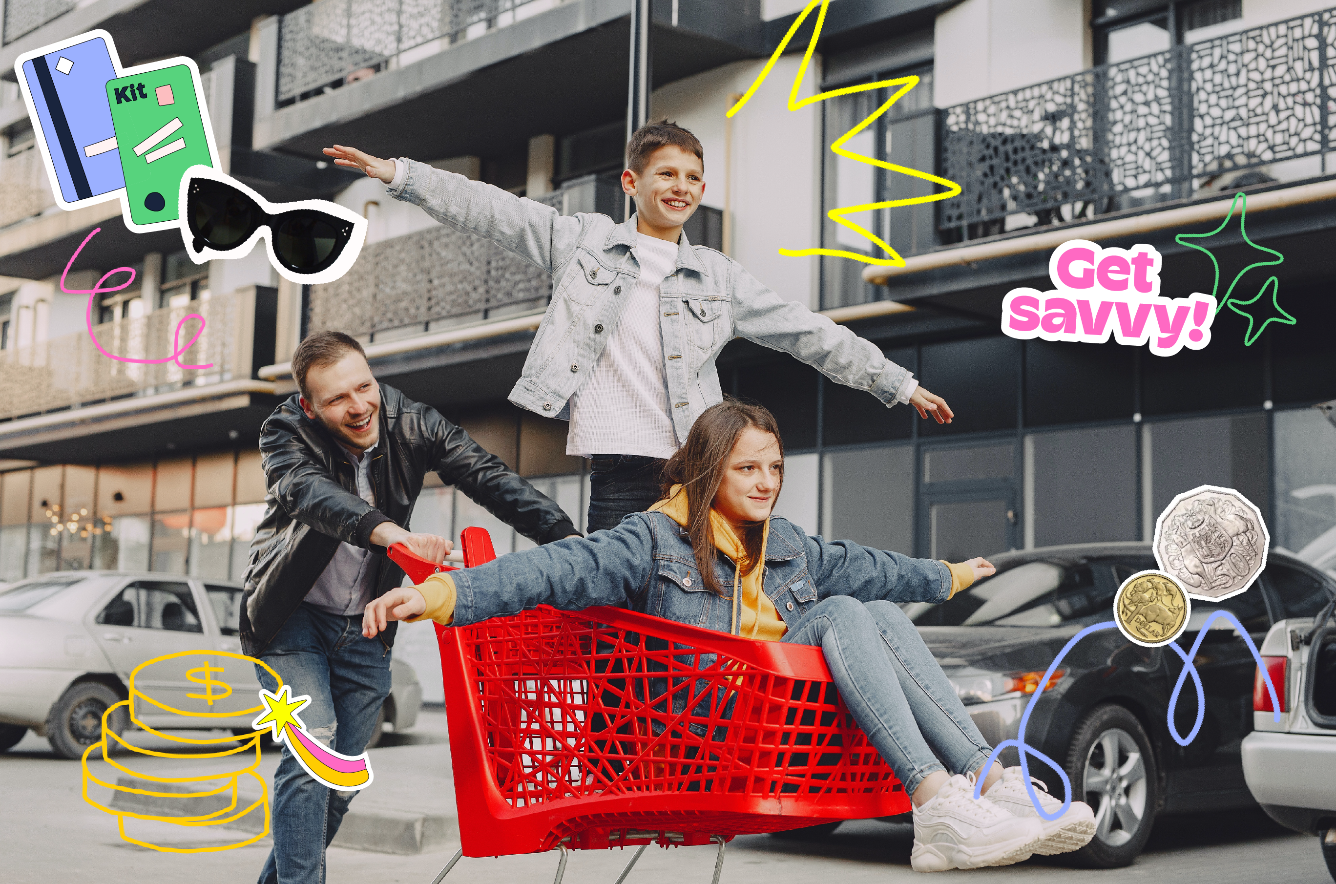 Dad pushing a shopping trolley with his two kids inside